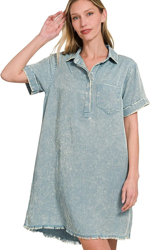 Zenana Tencel Mineral Washed Collared Shirts Dress - Velora Luxury Fashion