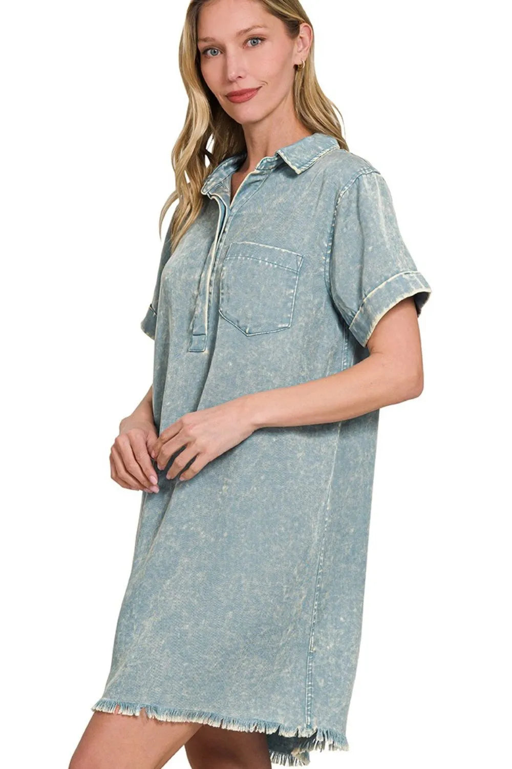 Zenana Tencel Mineral Washed Collared Shirts Dress - Velora Luxury Fashion