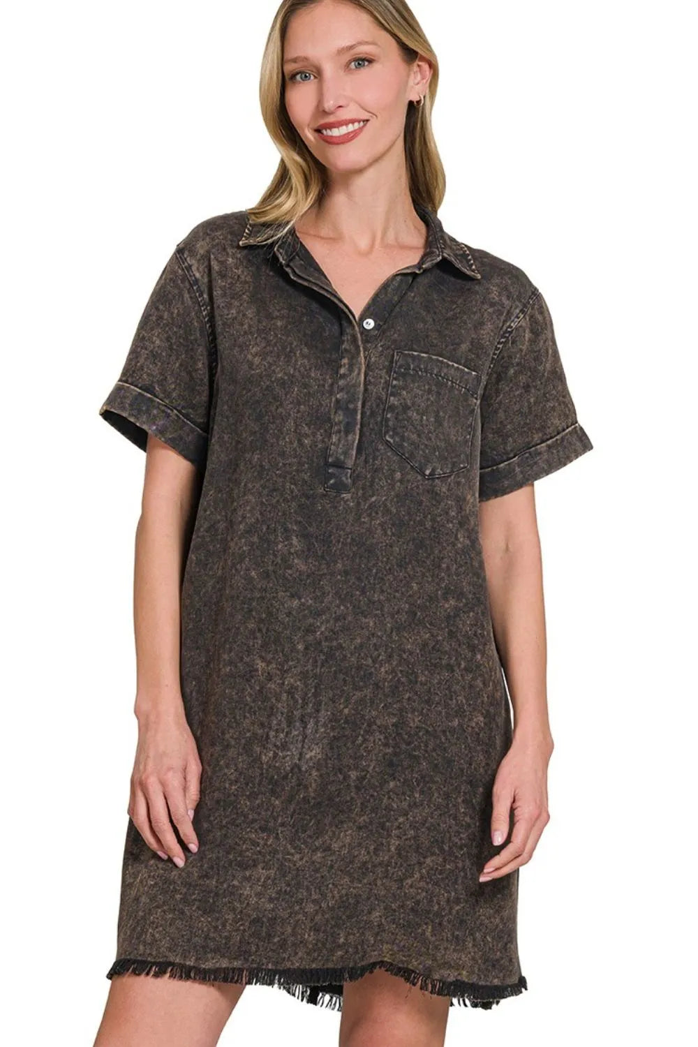 Zenana Tencel Mineral Washed Collared Shirts Dress - Velora