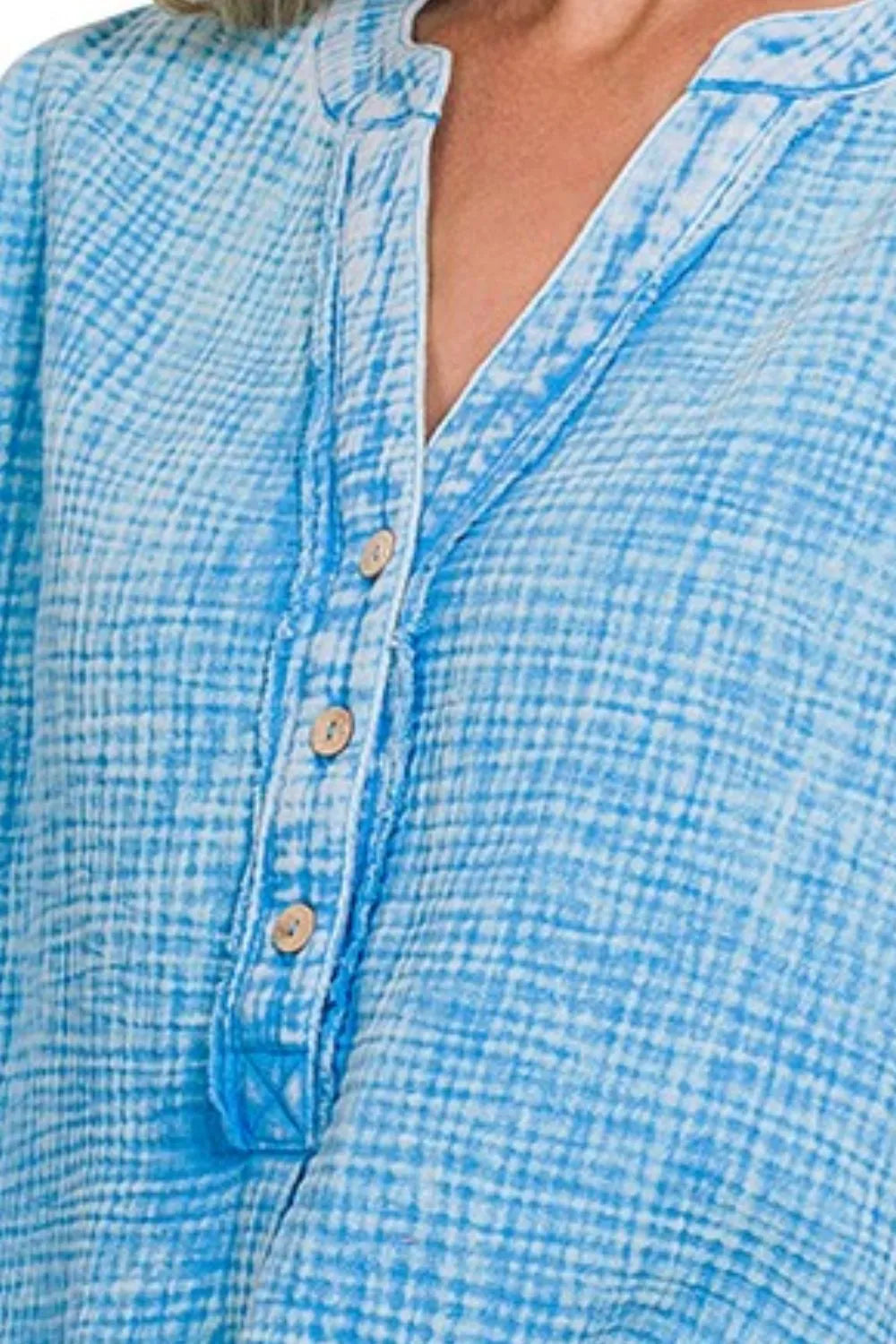 Zenana Washed Double Gauze 3/4 Button Henley Neck Shirt - Velora Luxury Fashion