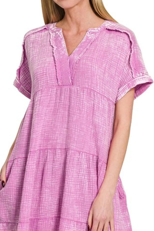 Zenana Washed Double Gauze Raw Edge V-neck Dress - Velora Luxury Fashion