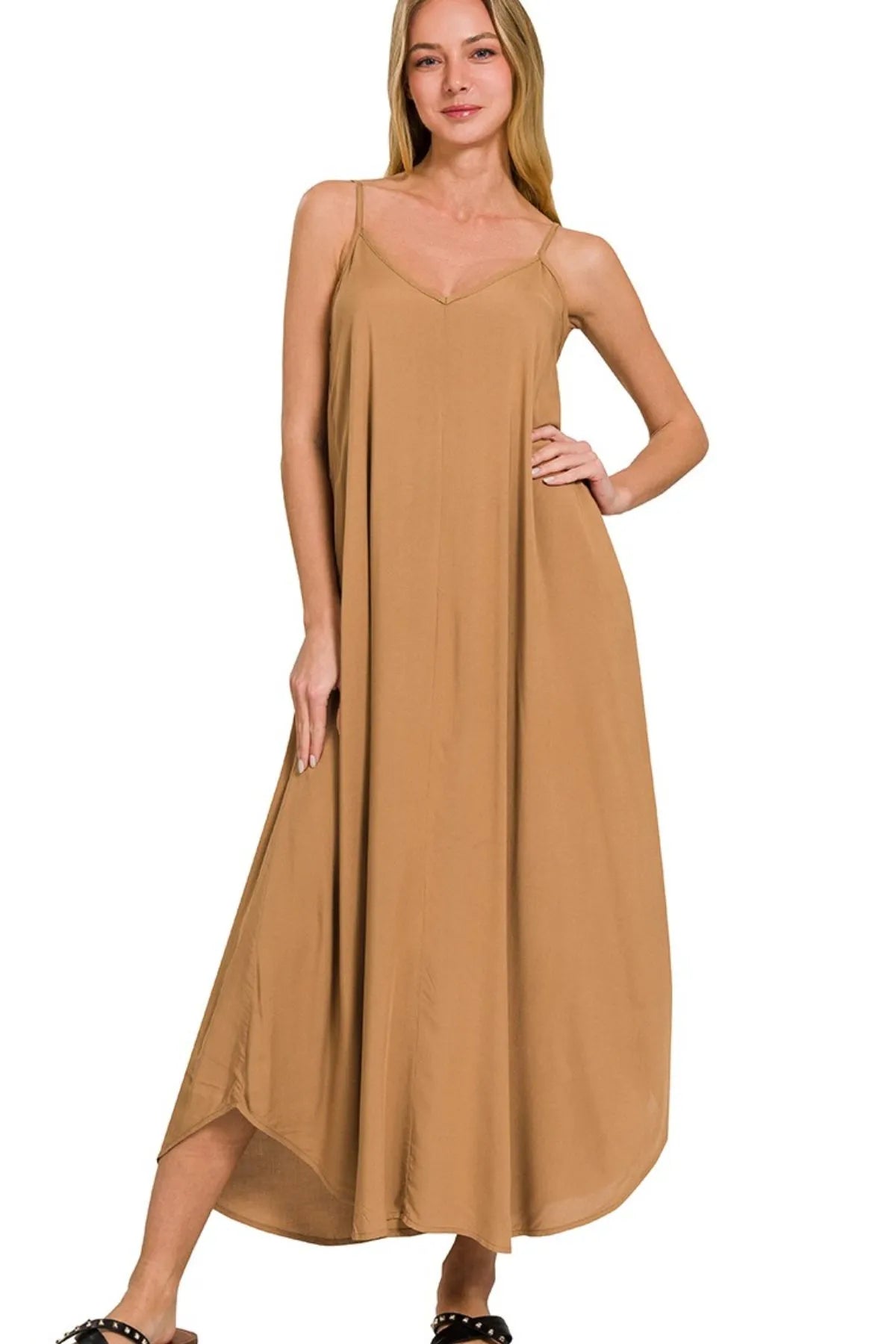 Zenana Woven Arc Hem Cami Dress With Flowy Pockets - Velora Luxury Fashion
