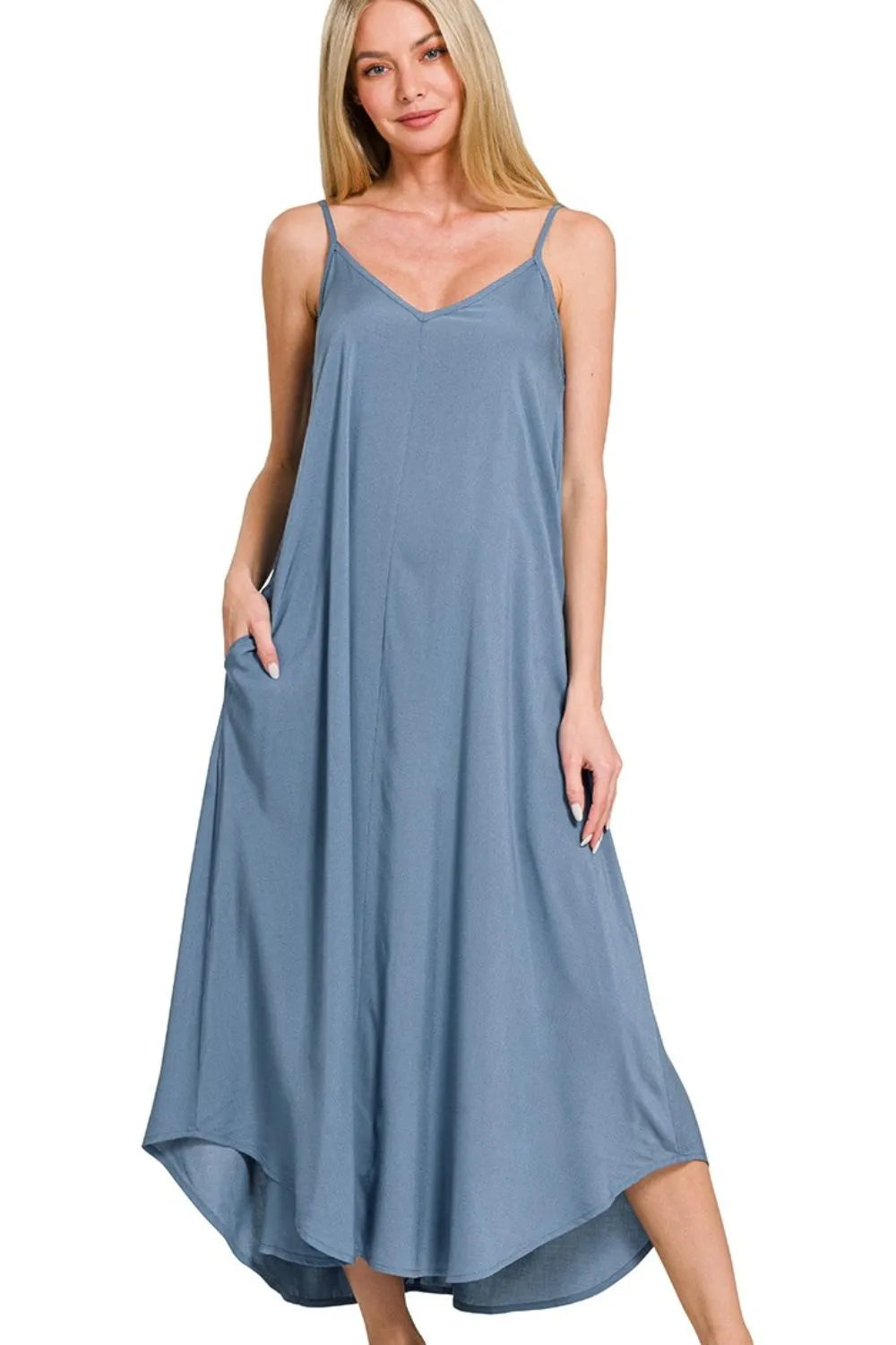 Zenana Woven Arc Hem Cami Dress With Flowy Pockets - Velora Luxury Fashion