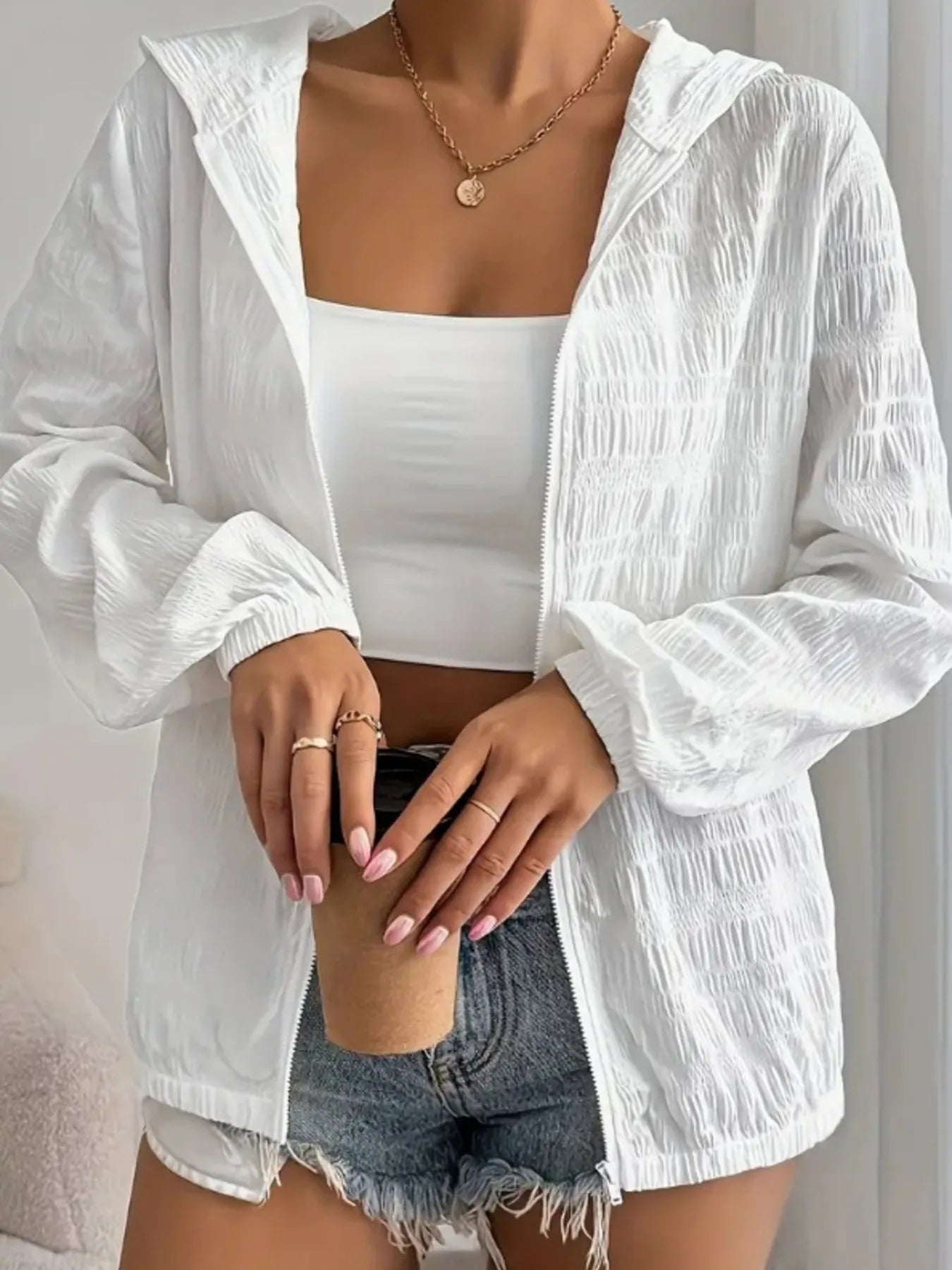 Zip Up Long Sleeve Hooded Outerwear - Velora Luxury Fashion