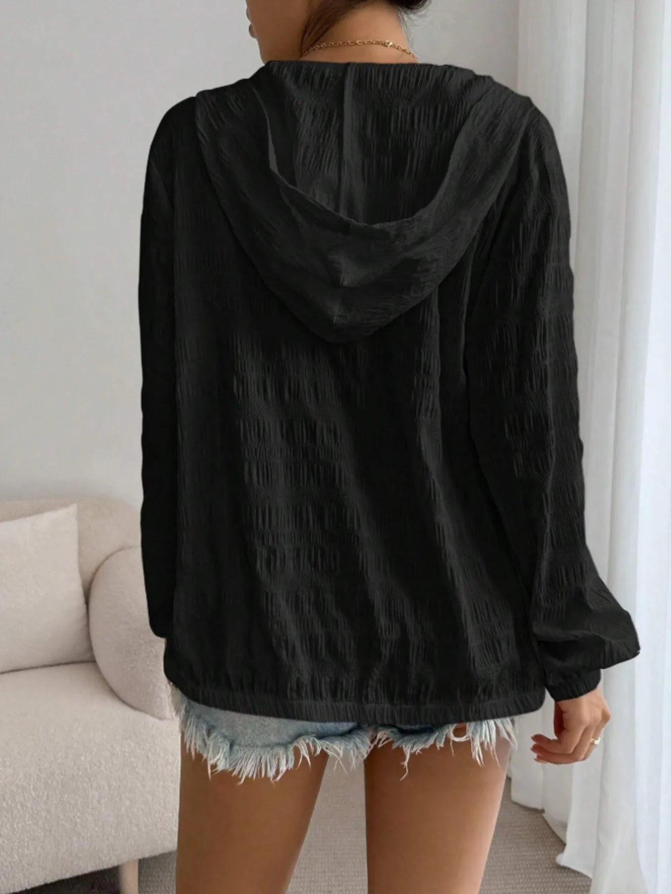 Zip Up Long Sleeve Hooded Outerwear - Velora Luxury Fashion