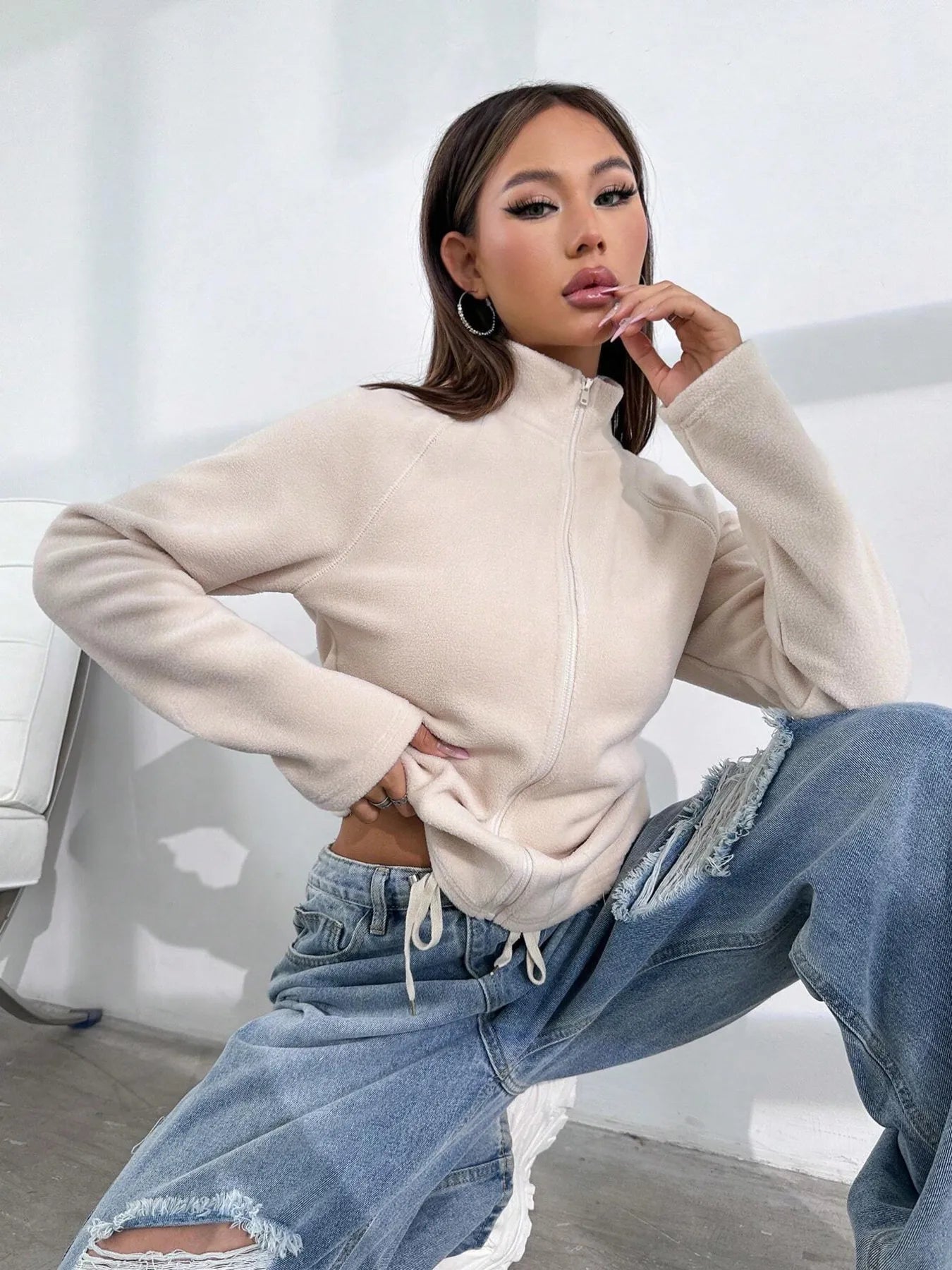 Zip Up Long Sleeve Jacket - Velora Luxury Fashion