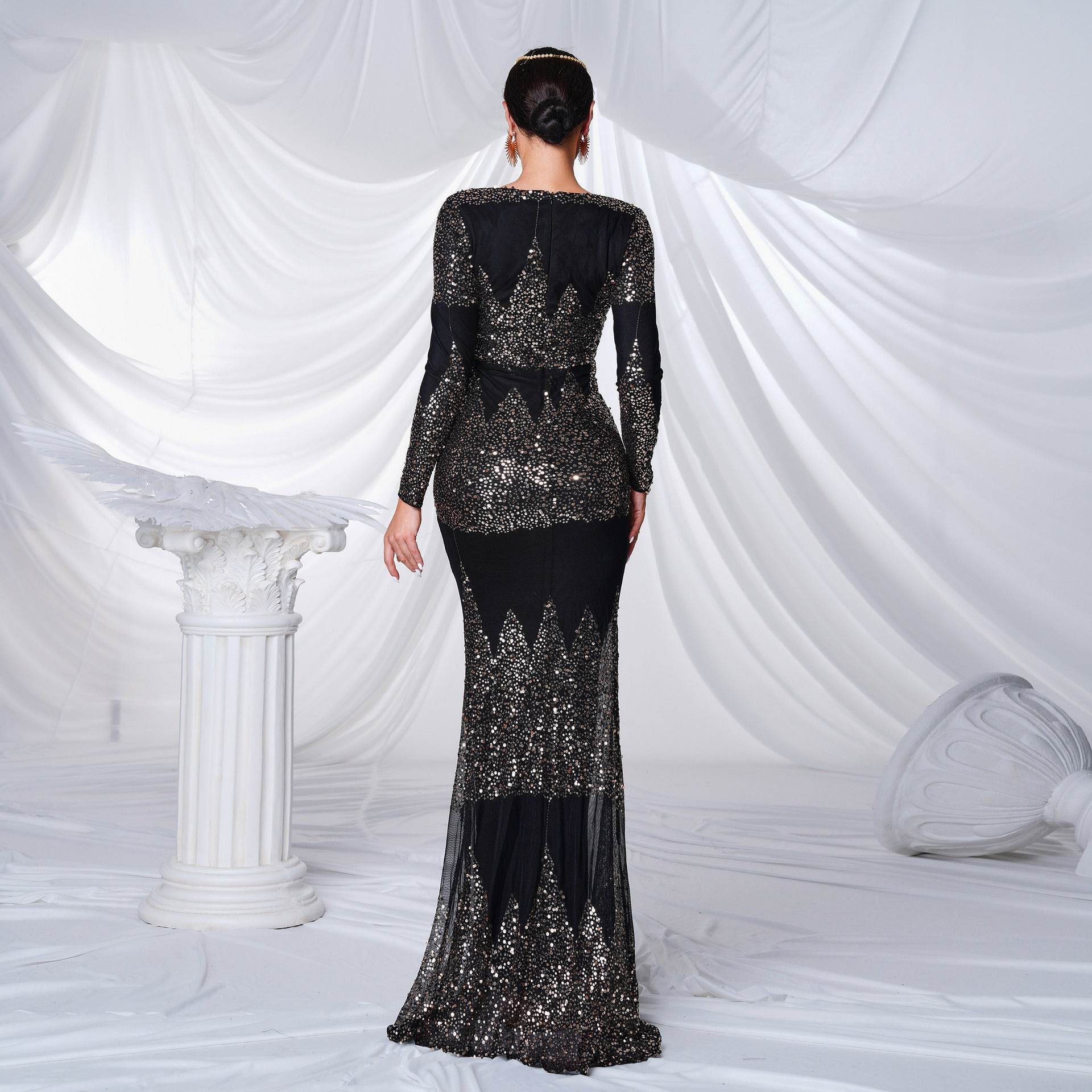 Long Sleeve V-neck Sexy Slim-fit Long Sequined Banquet Evening Dress - Velora