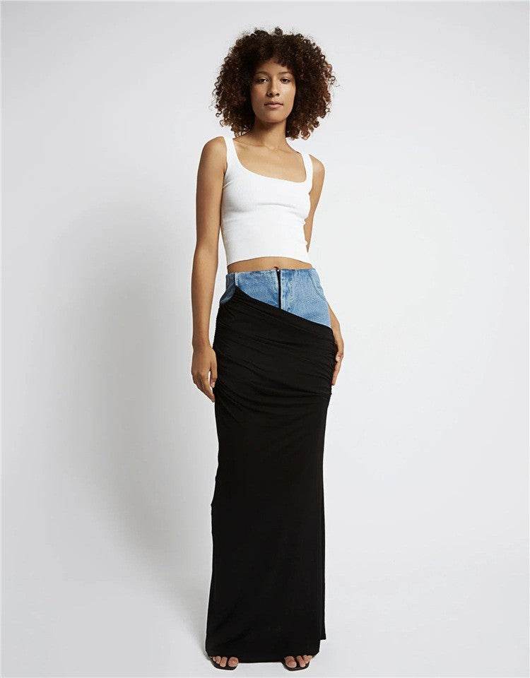 Fashion Black Panel Long Pencil Denim Skirt - Velora