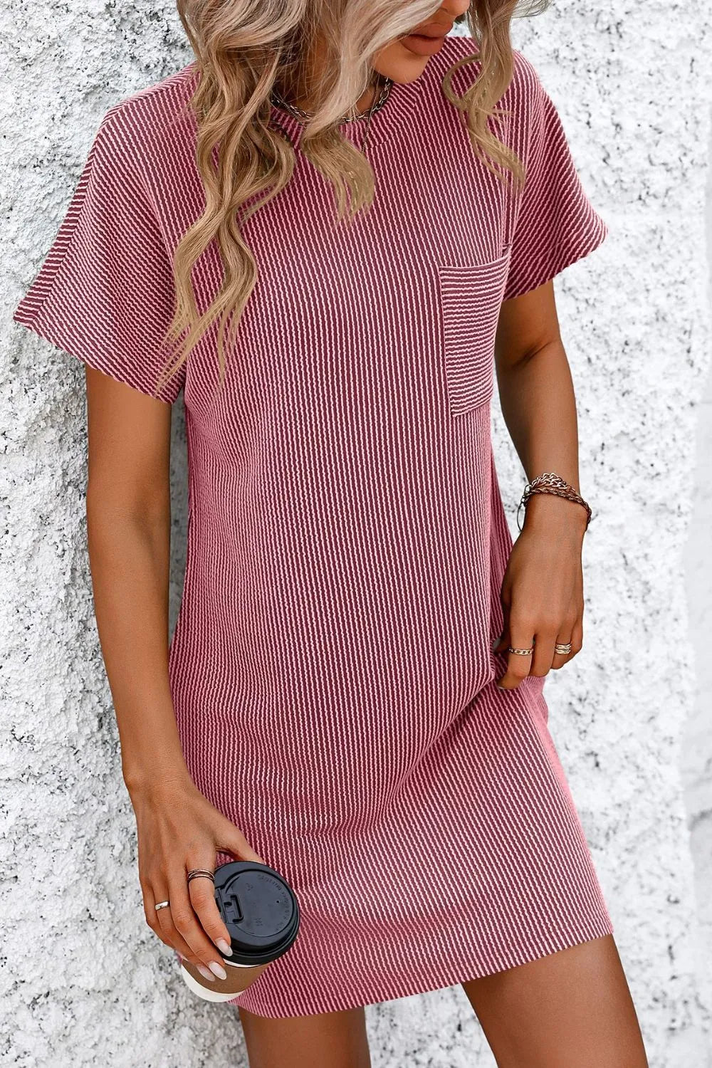 Mandy Ribbed Striped Short Sleeve Mini Tee Dress - Velora