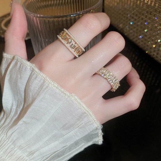 Pearl Hollowed-out Square Open-end Zircon Ring European And American Fashion Ring Female Jewelry - Velora