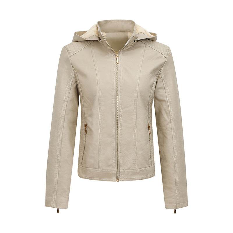 Plush Thickened Hooded Coat Winter Fashion Slim Zipper Leather Jacket With Pockets Long Sleeve Outwear Tops For Womens Clothing - Velora