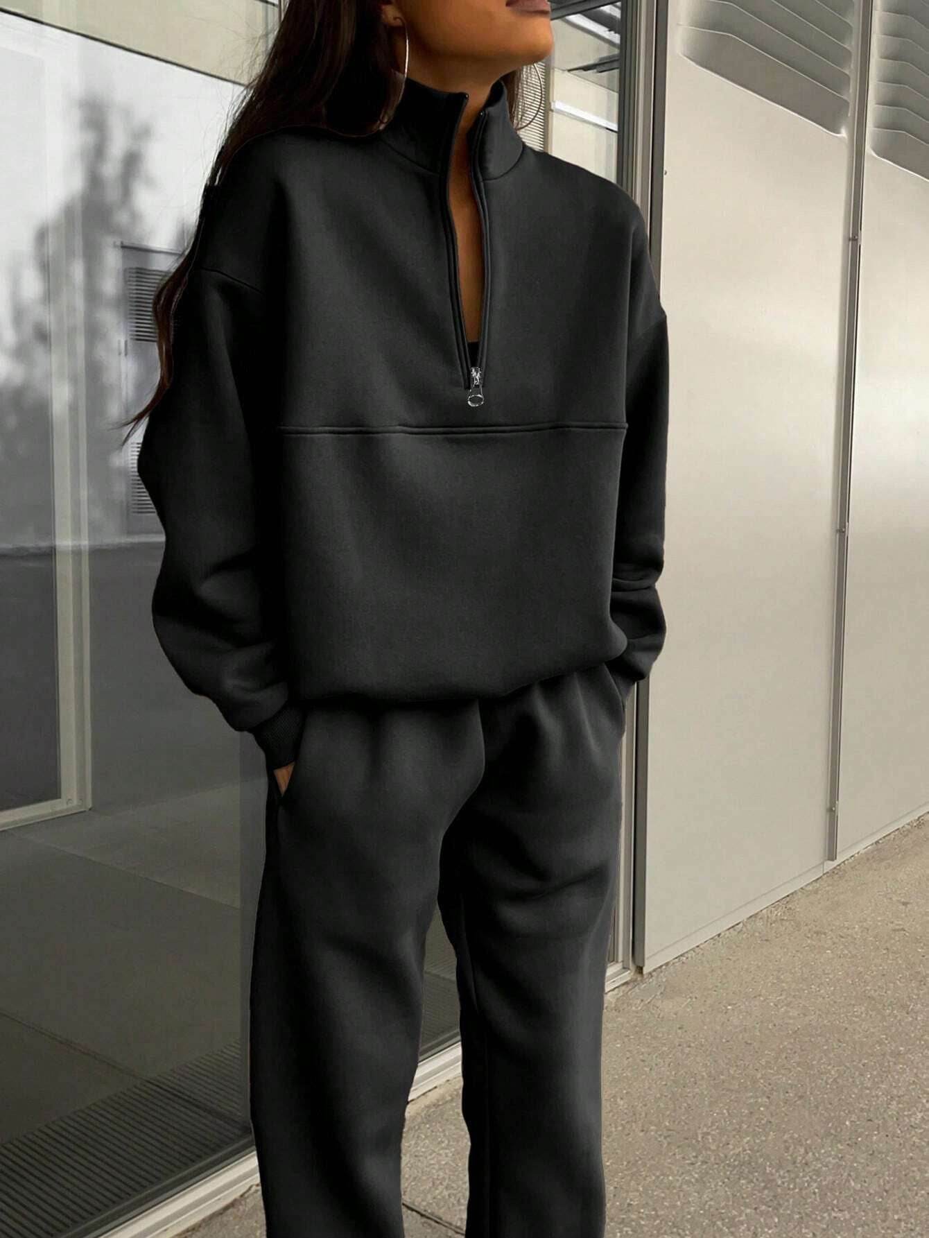 Long-sleeved Sports Sweatshirt Suit Fashion Stand-up Collar Zip-up Top And Elastic Band Trousers With Pocket Srping Fall Clothing For Women - Velora