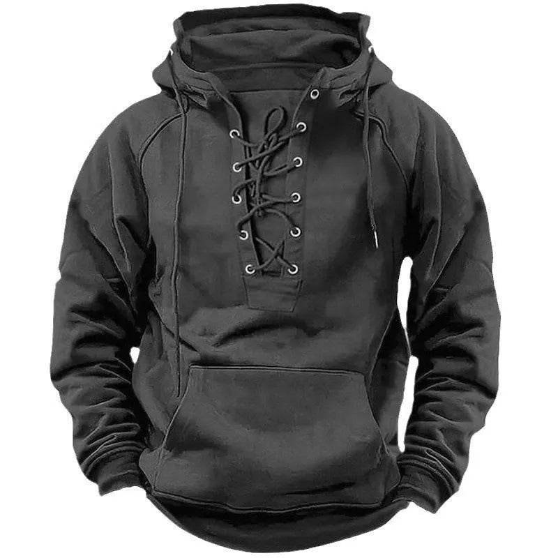 Men's Outdoor Retro Lace-up Hooded Long-sleeved T-shirt Casual Pullover top sweatshirt - Velora