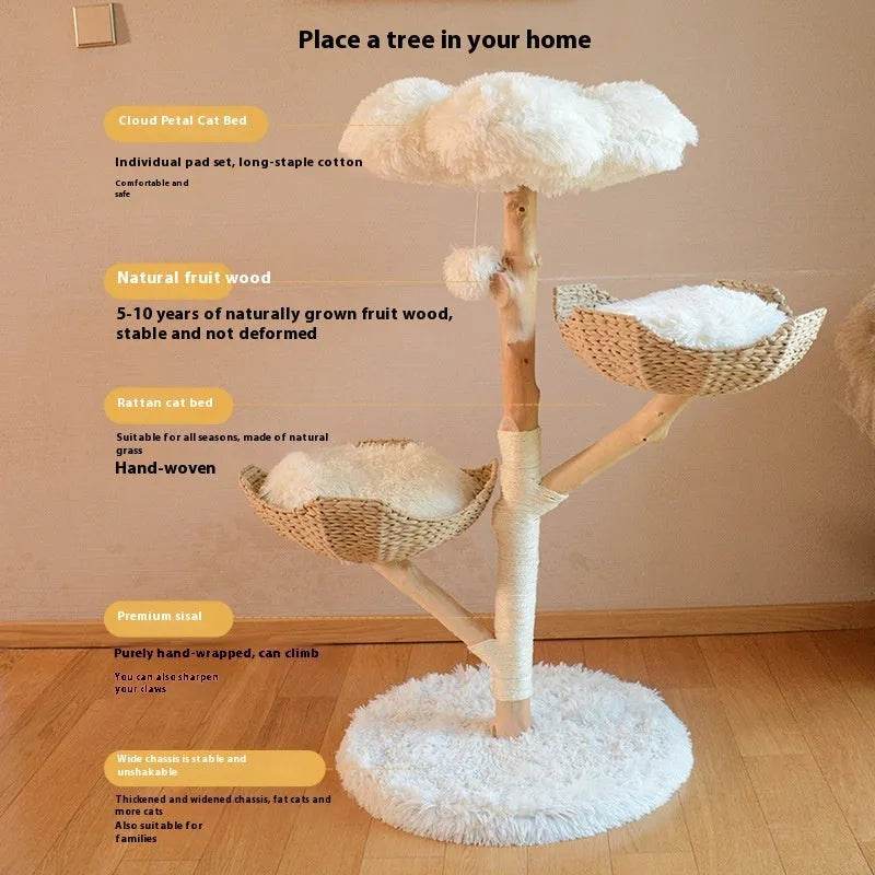 Solid Wood Cat Tree with Rattan Nest - Natural Fruit Wood Cat Climbing Frame