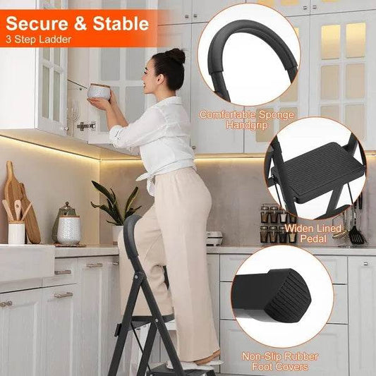 3-Step Folding Ladder, 330lbs Load Capacity, Lightweight 6.94lbs With 1.57in Folding Width, Heavy Duty Steel Construction, Non-Slip Pedals & Feet, Safety Lock, Multi-Use For Home Kitchen Living Room - Velora