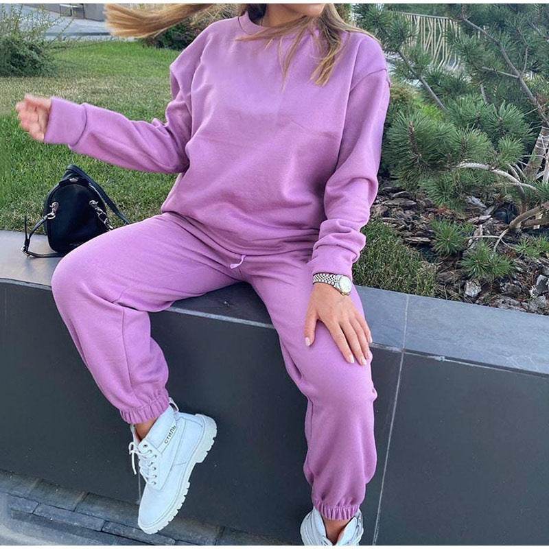 2pcs Ladies Athleisure wear Long sleeve Round neck Sweatsuit set - Velora