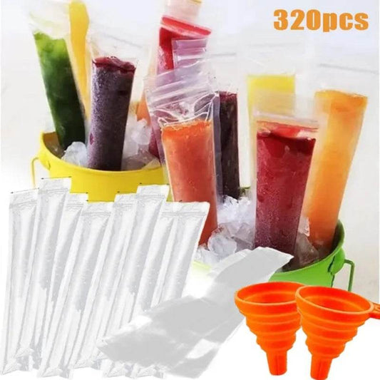 320 Pcs Disposable Beverage Packaging Bag Ice Popsicle Mold Bags With 2 Pcs Orange Funnels DIY Ice Lolly Bags BPA Free Freezer Tubes With Zip Seals For Summer Halloween Birthday Party - Velora