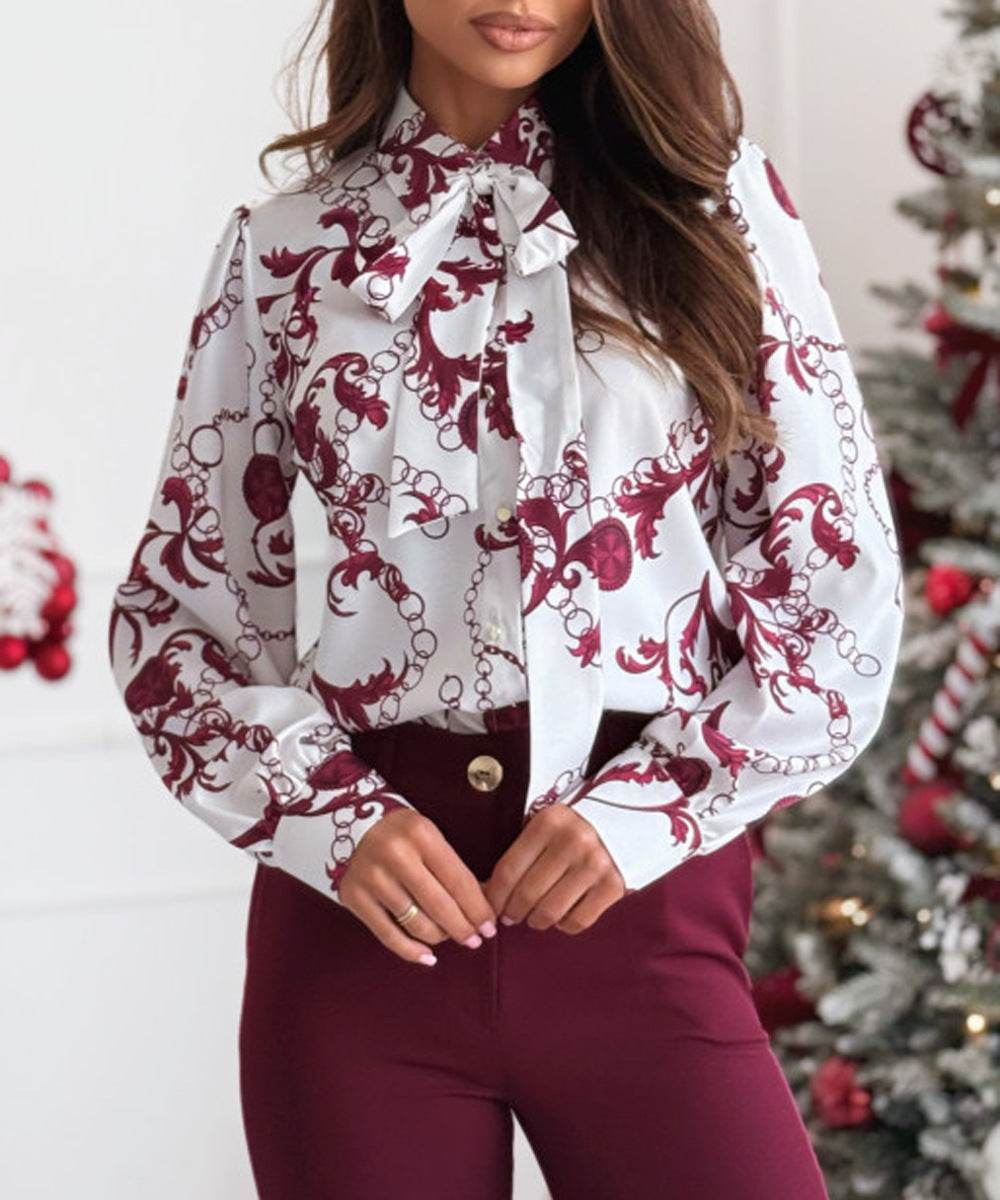 Printed Long Sleeve Bowknot Lining Business Office Formal Work shirt For Women - Velora