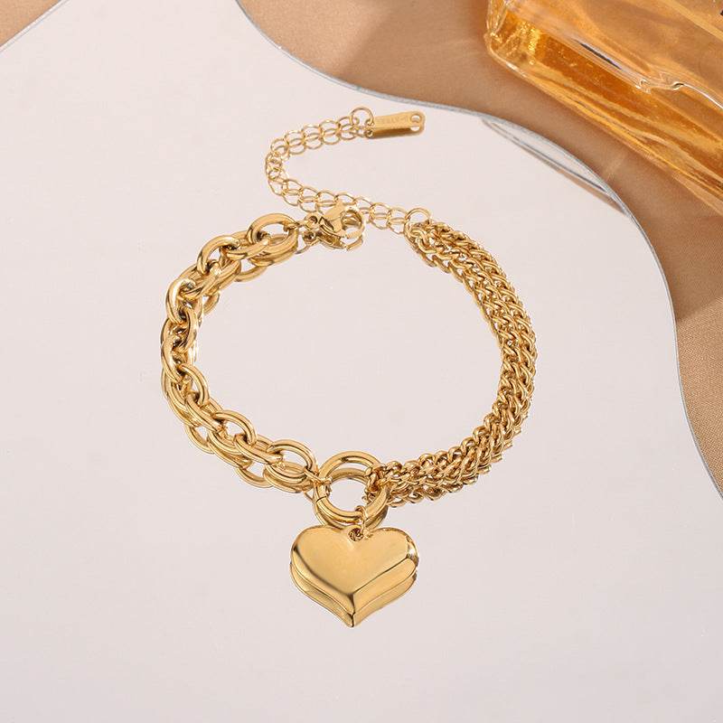 Hip Hop Thick Straps Double-layer Peach Heart Stainless Steel Bracelet - Velora