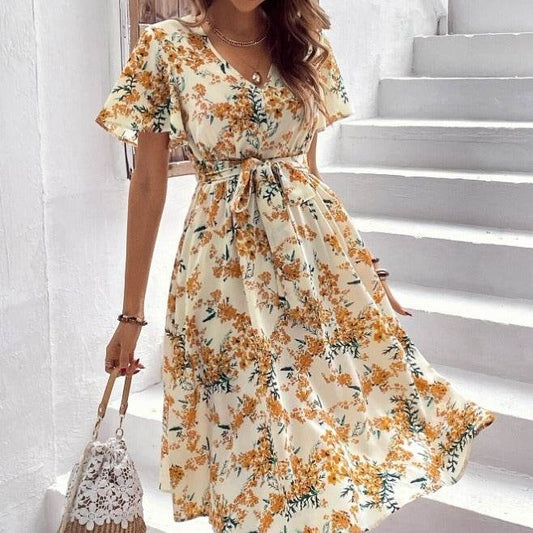 Women Bohemian Spring Short sleeve Casual flowy V-neck Tie belt Floral Summer Midi Dress - Velora