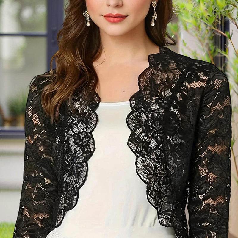 Women's Solid Color Cropped Lace Cardigan - Summer Fashion Medium-Long Sleeve Open Front Top - Velora
