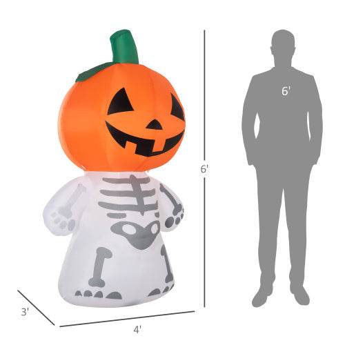 6ft Halloween Inflatables Outdoor Decorations, Smiling Skeleton Ghost With Pumpkin Head, Blow Up LED Yard Decor For Garden, Lawn, Party, Holiday, Waterproof - Velora