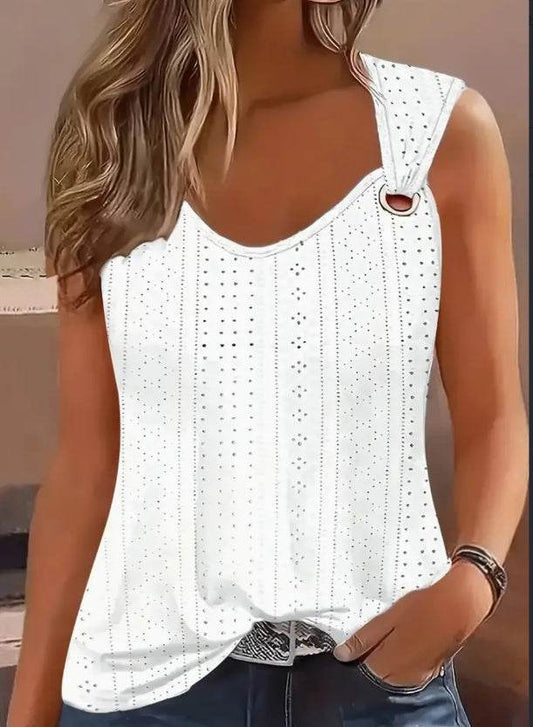 Eyelet Solid Tank Top, Casual Sleeveless Tank Top For Summer, Women's Clothing - Velora