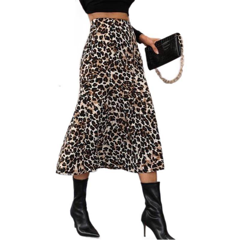 Women's A- Line Umbrella Skirt High Waist Leopard Print Midi sheath Skirt - Velora