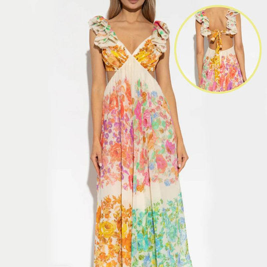 Fashion V-neck Ruffle Sleeve Long Dress Summer Romantic French-Style Flowers Print Bow-knot Backless Design Beach Vacation Dresses Womens Clothing - Velora