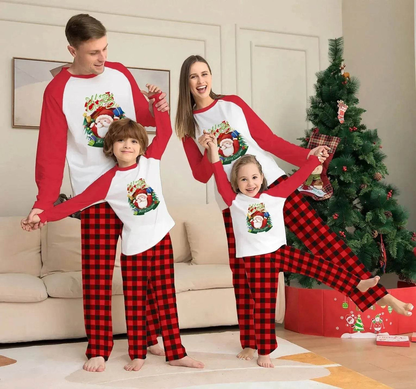 Christmas Parent-Child Clothes Set Long Sleeve T-Shirt Plaid Pants Family Matching Pajamas - Velora