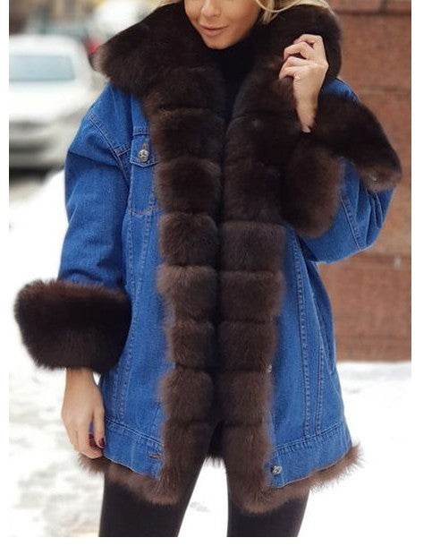 Ladies Fur One Denim Long Long Sleeve Coat - Velora
