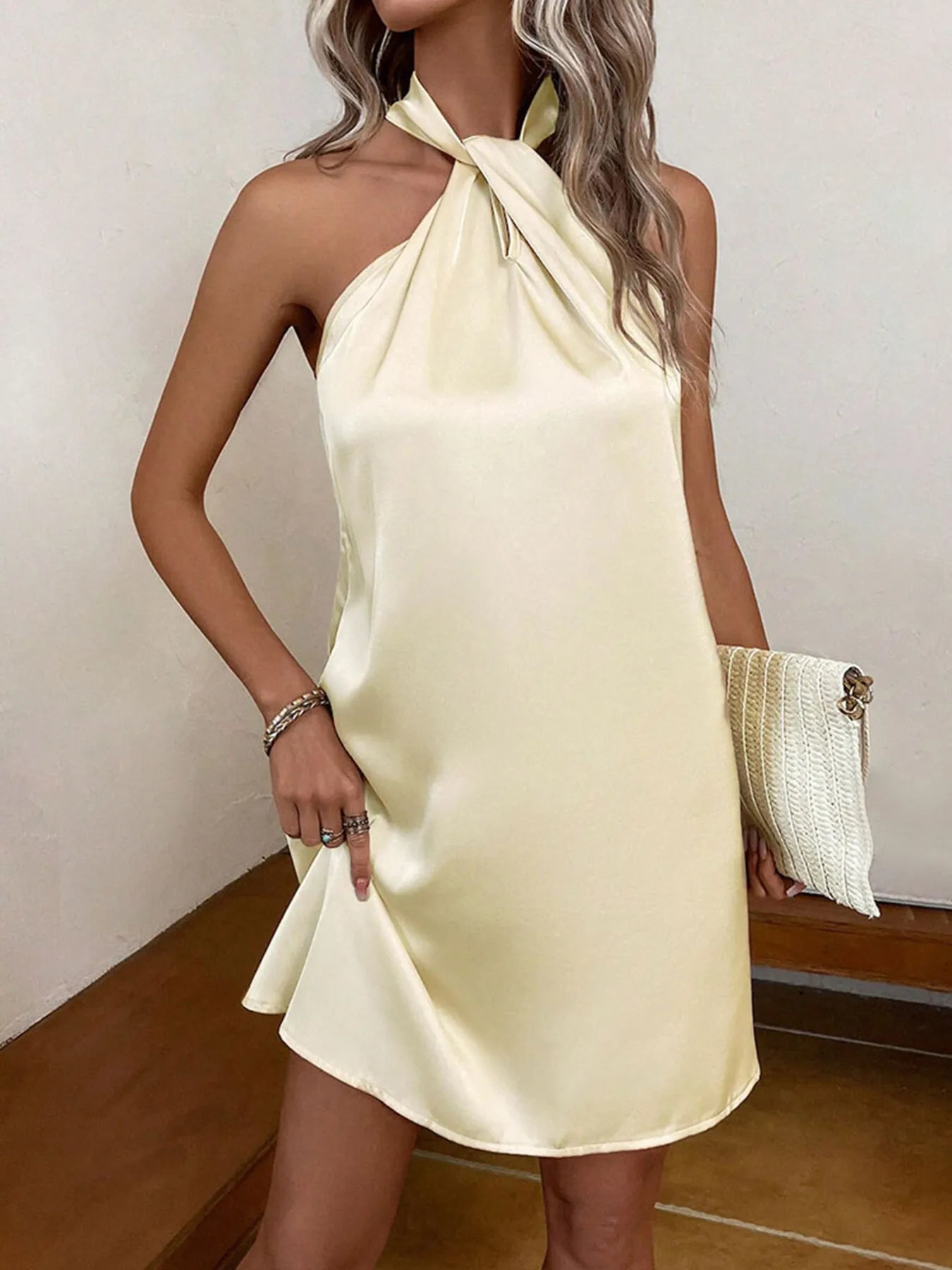 Halter Neck Satin Mini Dress - Velora
