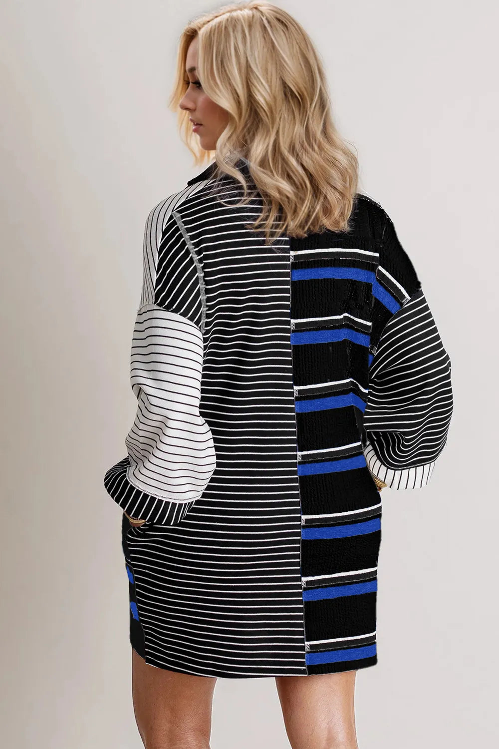 Oh Full Size Striped Half Button Long Sleeve Mini Dress - Velora