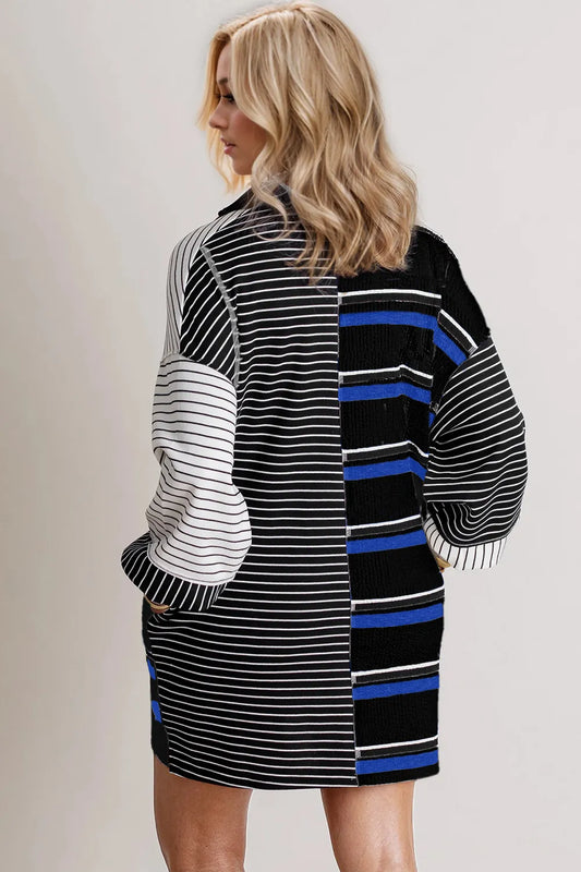 Oh Full Size Striped Half Button Long Sleeve Mini Dress - Velora