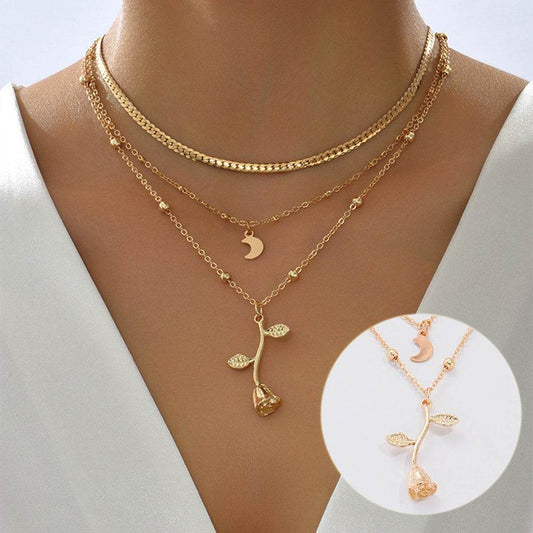 Bohemia Multilayer Moon Gold Color Pendant Necklaces For Women Rose Flower Choker Necklace 2025 Fashion Jewelry Party Gift Valentine's Day Gifts - Velora