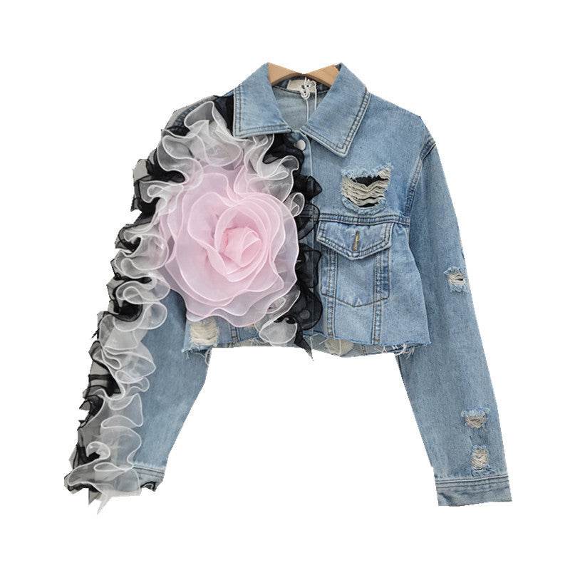 Elegant women fashion embroidered cropped Ripped blue Denim Jacket - Velora
