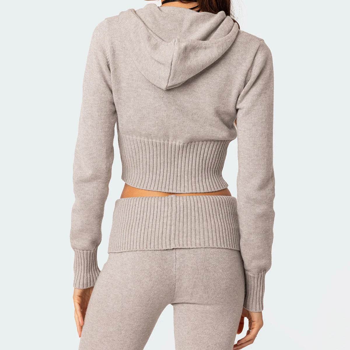 Fashion Knitted Hooded Suit Long Sleeve Zipper Cropped Top And Slim Flared Pants Trousers Solid Outfits Women's Clothing - Velora