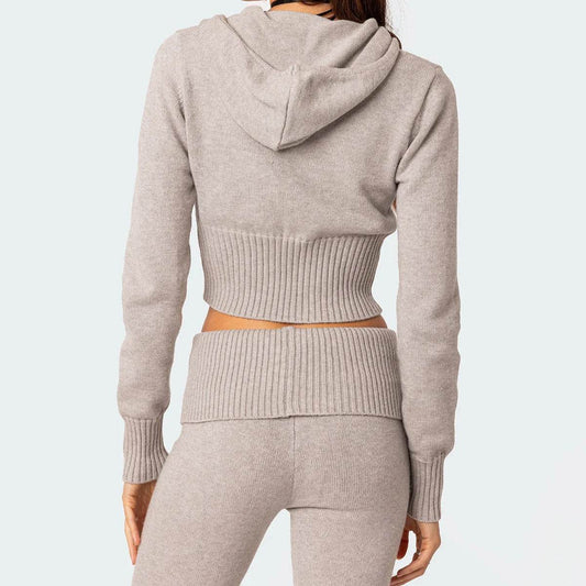 Fashion Knitted Hooded Suit Long Sleeve Zipper Cropped Top And Slim Flared Pants Trousers Solid Outfits Women's Clothing - Velora