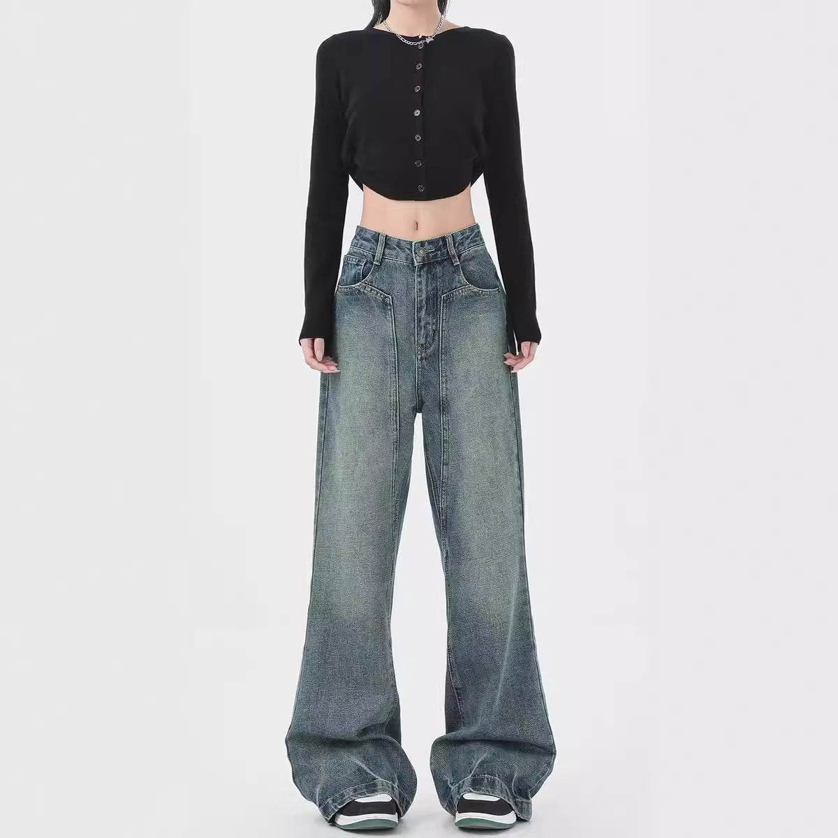 Retro Design Wide Leg Pants High Waisted Boyfriend Jeans - Velora
