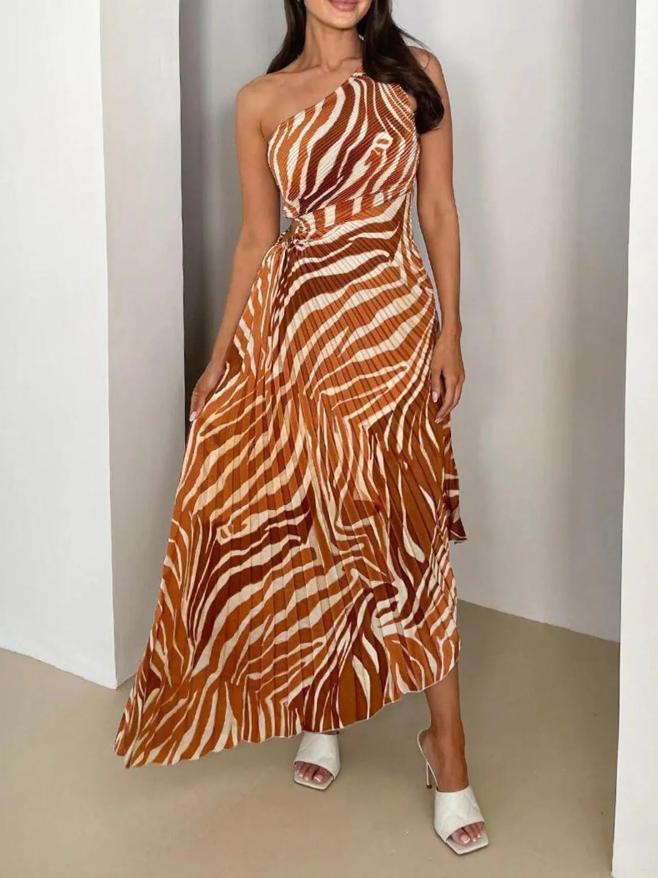 Printed One Shoulder Asymmetrical Maxi Dress - Velora