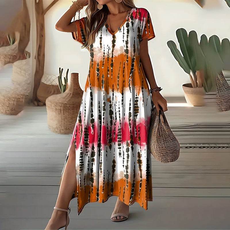 Women's Summer Tie Dye Maxi Dress Short Sleeve V Neck Casual Loose Long Split Dresses - Velora