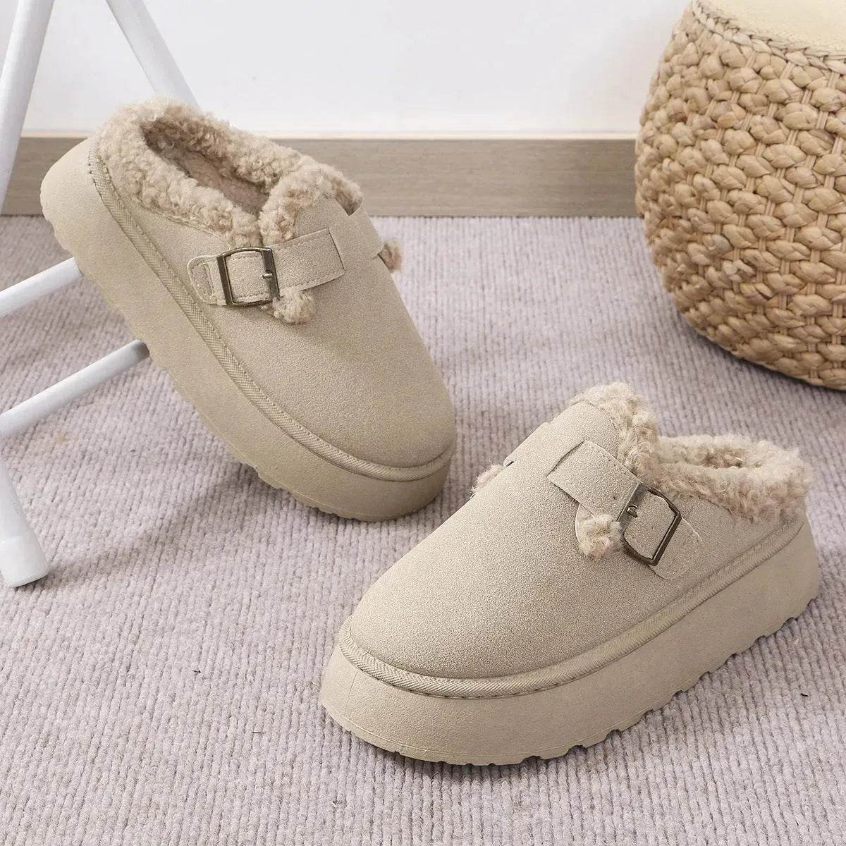 Fashion Thick-soled Plush Buckle Cotton Home platform Winter Slippers Indoor And Outdoor Casual Warm Women Garden Slipper - Velora