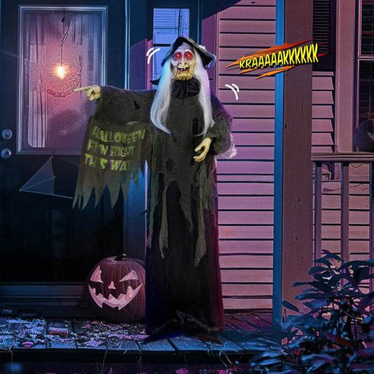 6ft Eye Red Light Vibration Witch Sound Voice Control, Standing Guiding Witch, Battery Model - Batteries Not Included, Halloween Standing Decoration - Velora