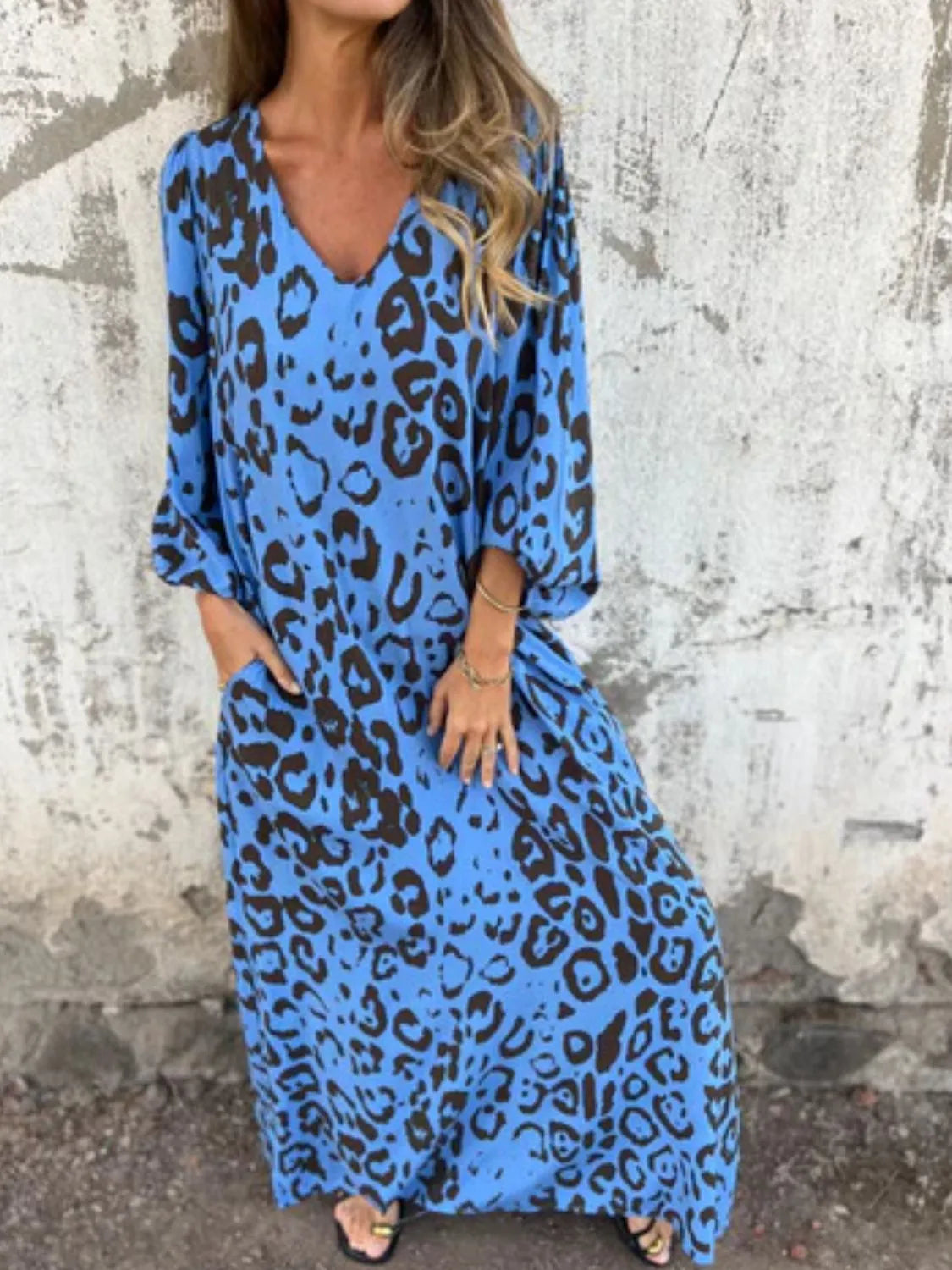 Full Size Printed V-Neck Dress with Pockets Plus Size - Velora