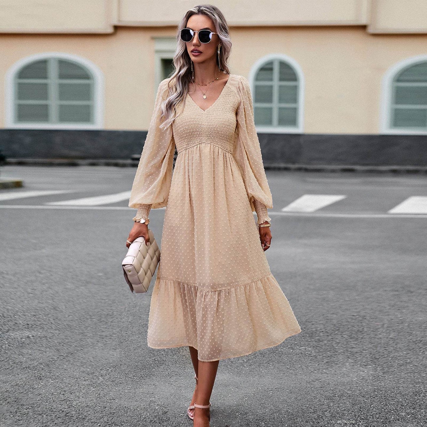 Women's Elegant Elegant V-neck Jacquard Dress - Velora