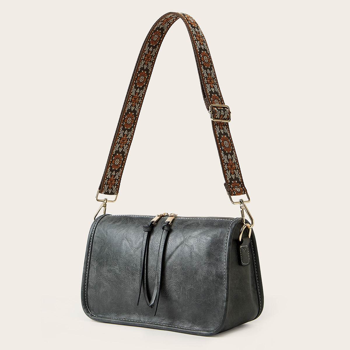 Women's Bohemian Wide Shoulder Strap Crossbody Retro Solid Color Tote - Velora