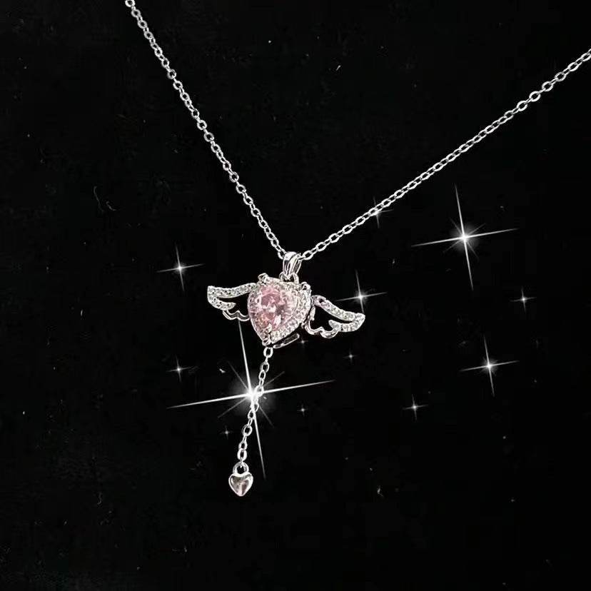 Moving Cupid Heart Angel Wings Tassel Necklace With Crystal Clavicle Chain Women Jewelry Gift Valentine's Day - Velora