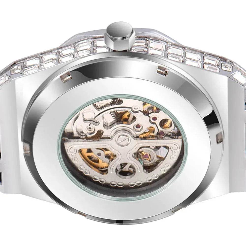 Hip Hop Full Square Diamond Luminous Hollow Mechanical Watch - Velora