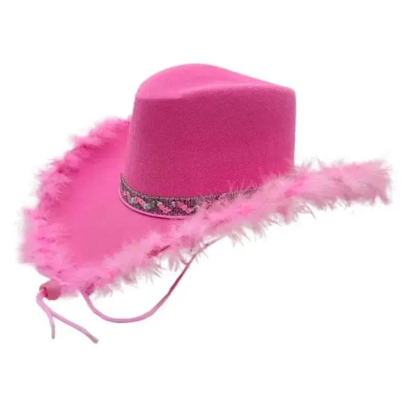 Trendy cowgirl hat Sequined Ribbon Upturned Eaves Raw Edge Denim Top Hat Pink Cowgirl Hat womens pink cowboy hat - Velora