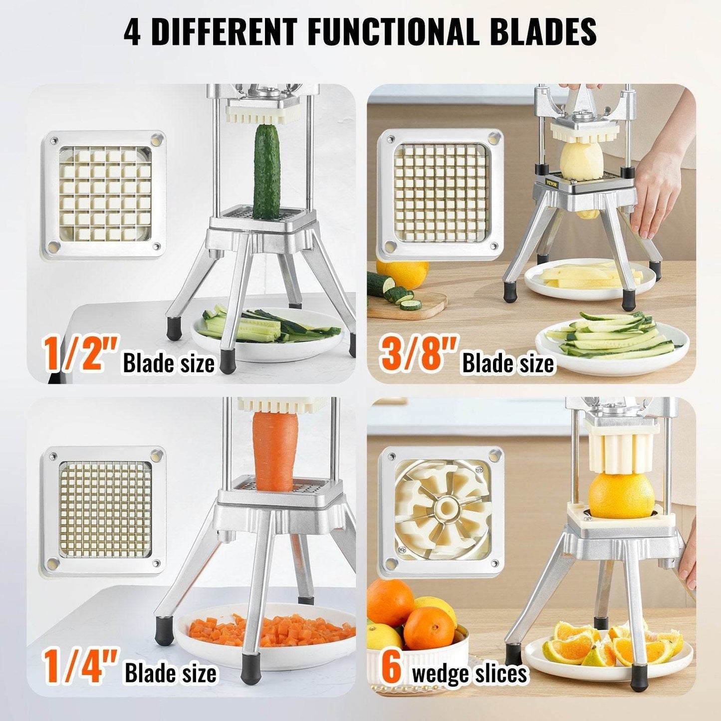 Commercial Vegetable Fruit Chopper, Stainless Steel French Fry Cutter With 4 Blades - Velora